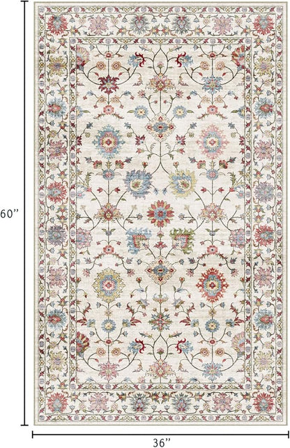 3x5 Washable Area Rug - Small Entryway Rug Non-Slip Cream Colorful Vintage Traditional Floral Kitchen Rugs Low Pile Boho Carpet Throw Rugs for Living Room Bedroom Bathroom Entrance Dorm Office