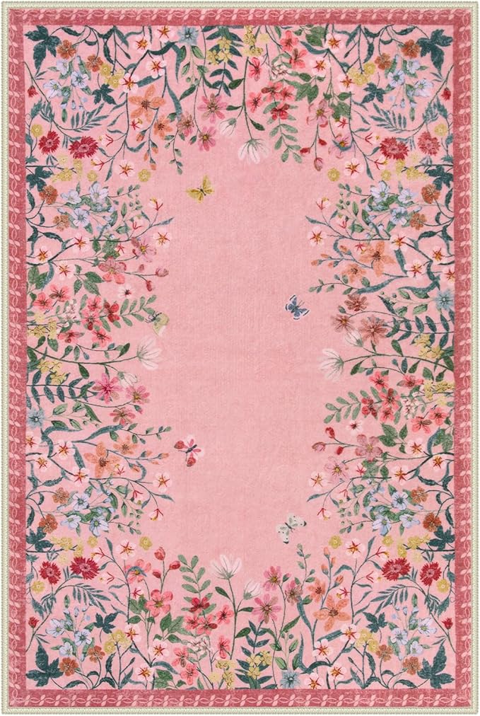 Lahome Boho Floral 2x3 Small Pink Rugs for Bedroom Washable Bathroom Rugs,Boho Floral Door Mat Indoor Entrance,Soft Non-Slip Indoor Carpet Throw Rug for Bedside Entryway Laundry(Pink,2x3)
