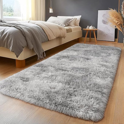 Ultra Soft Fluffy Rugs for Bedroom, Anti-Skid Indoor Carpet Nursery Rugs for Kids Room Home Decor, Rectangular Fuzzy Rug Tie-Dyed Light Grey 2x6Feet
