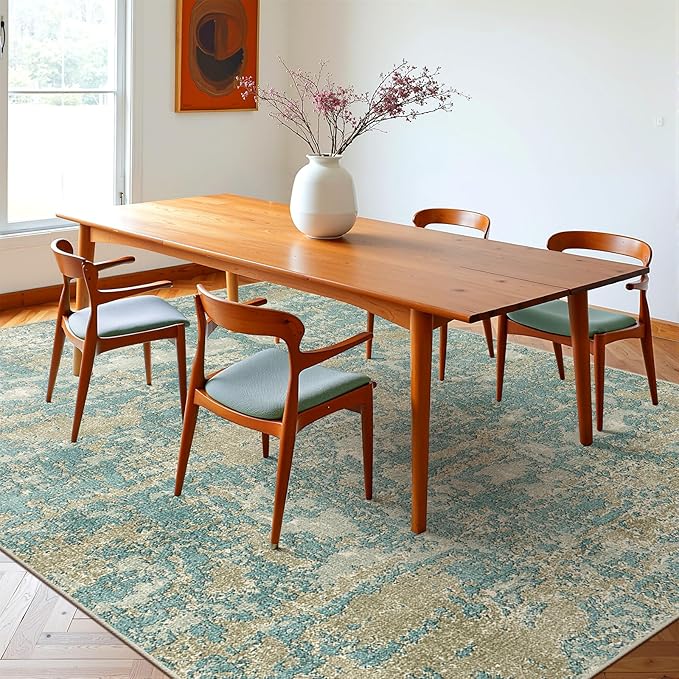 WITSHOCK Living Room Area Rugs 8x10：Modern Abstract Machine Washable Large Rug for Bedroom Dining Room Non-Slip Stain Resistant Home Office Decor,Teal Brown