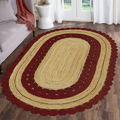 4x15 Flatweave Runner – Oval Flatweave Kilim Rug, Hand Braided Natural Jute, Solid Red Beige, 0.27" Thick Handmade Boho Runner for Entryway, Corridor, Hallway