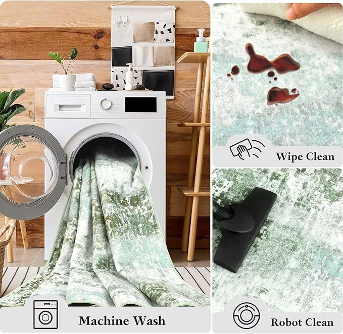 Washable Abstract Rug, 6x9 Modern Area Rugs with Non-Slip Rubber Backed for Living Room, Thin but Soft Contemporary Carpet Kitchen Bedroom Dining Room Decor, Green