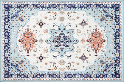 Phantoscope Washable Area Rug 6'x9' Non-Slip, Vintage Boho Rugs for Living Room, Bedroom, Dining Room, Medallion Persian Symmetrical Pattern, Low-Pile Foldable Floor Carpet, Ivory Blue/Orange