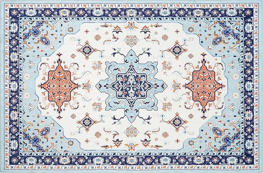 Phantoscope Washable Area Rug 6'x9' Non-Slip, Vintage Boho Rugs for Living Room, Bedroom, Dining Room, Medallion Persian Symmetrical Pattern, Low-Pile Foldable Floor Carpet, Ivory Blue/Orange