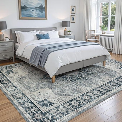 DEXI 8x10 Area Rug for Living Room, Washable Vintage Farmhouse Thin Rug Indoor Floor, Non Slip Stain Resistant Low Pile Carpet for Dining Room Bedroom Office, Blue Grey