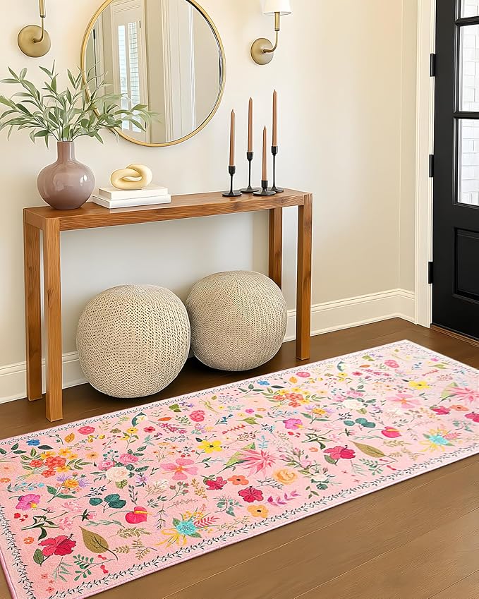 Boho Floral Runner Rug 2x6, Washable Non-Slip Kitchen Rug, Ultra Soft Vintage Carpet for Hallways, Kitchen, Bedroom, Bathroom (Pink)