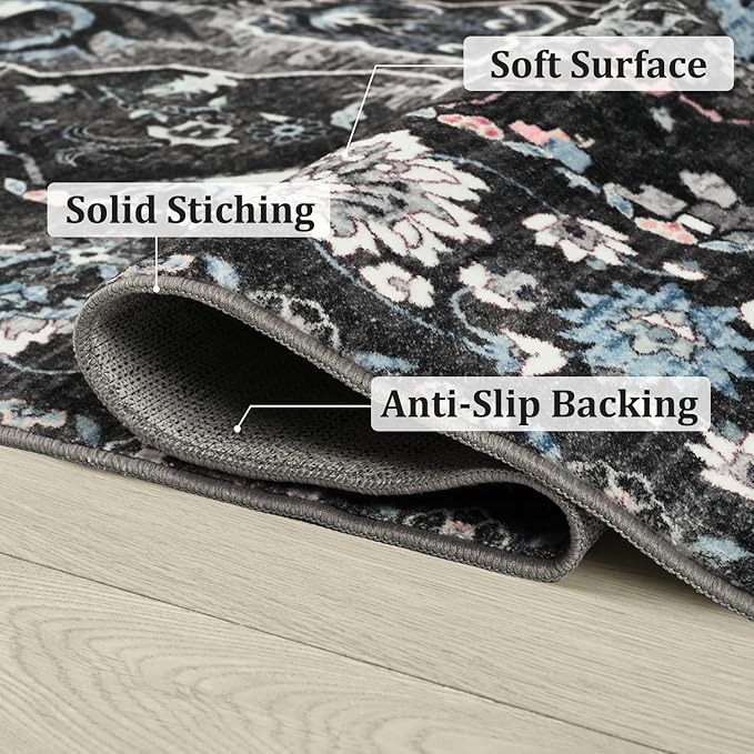 Beglad Area Rugs 5x7 for Living Room, Bedroom, Washable Vintage Rugs -Low Pile Soft Distressed Rugs for Kitchen, Dining Room, Non Shedding, Black and Blue