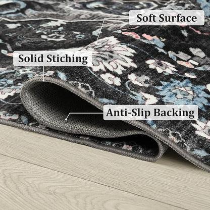 Beglad Area Rugs 4x6 for Living Room, Bedroom, Washable Vintage Rugs -Low Pile Soft Distressed Rugs for Kitchen, Dining Room, Non Shedding, Black and Blue