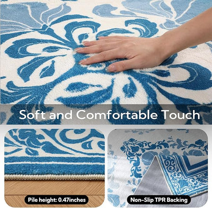 SOULFUL Medium Pile 4x6 Rugs for Living Room - Soft Foot Feel Area Rug - Blue Boho Floral - Washable Non-Slip - Perfect for Bedroom Kids Room Under Dining Table Office