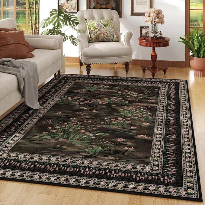 Rugcomf Area Rugs 8x10 Clearance Impressionist-Style Vintage Washable Area Rug Non Slip Low Pile Large Rug for Bedroom Farmhouse Dining Room Kids Playroom, Black