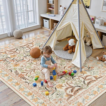 Lahome Fall Boho Washable Area Rugs 5x7 for Bedroom, Bohemian Brown Rugs for Living Room, Soft Floral Thin Carpet for Kids Room Apartment Dorm Home Decor, Ochre Fall