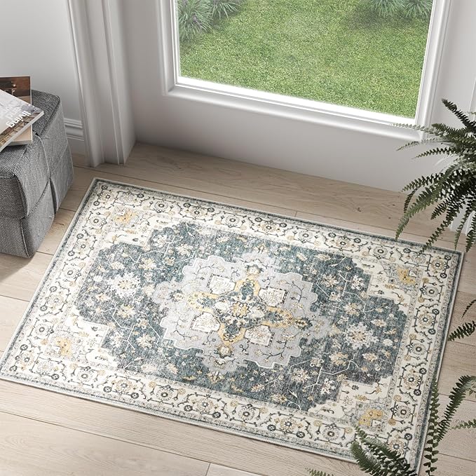 jinchan Area Rug 2x3 Vintage Entryway Rug Washable Boho Indoor Doormat Floral Medallion Small Door Mat Non Slip Retro Soft Thin Classic Carpet for Kitchen Bathroom Bedroom Grey