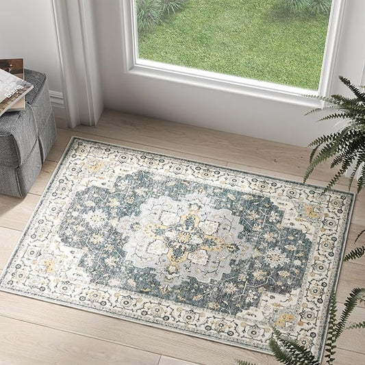 jinchan Area Rug 2x3 Vintage Entryway Rug Washable Boho Indoor Doormat Floral Medallion Small Door Mat Non Slip Retro Soft Thin Classic Carpet for Kitchen Bathroom Bedroom Grey