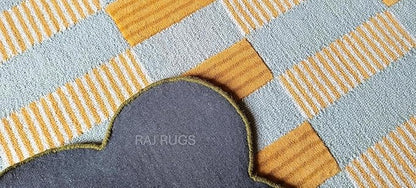Hand-Tufted Wool Area Rug with Scalloped Edges, Beige and Green Plaid Pattern, Cozy and Soft Accent Rug for Living Room, Bedroom, and Nursery, Handmade Decorative Rug