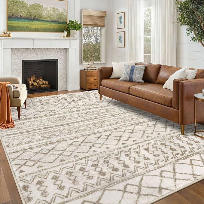 KUTA 6x9 Boho Living Room Rugs, Moroccan Washable Kitchen Rug Non Slip, Beige Ultra Soft Print Distressed Geometric Low-Pile Throw Carpet for Bedroom Nursery Dorm Decor