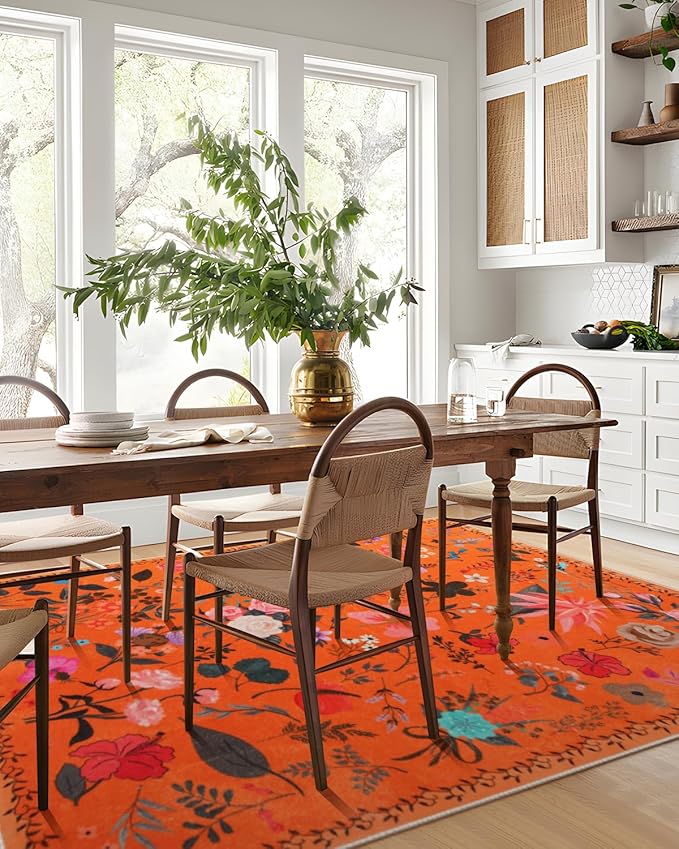 Area Rug 8x10, Washable Large Rugs for Living Room, Non Slip 0.27″ Low Pile Vintage Floral Large Carpet for Bedroom, Living Room, Dining Room, Kids Playroom (Orange)