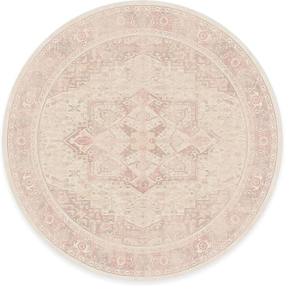 RUGGABLE Washable Area Rug – Kamran Soft Pink 8 ft Round, Stain-Resistant, Non-Slip – Large Machine Washable Rugs for Living Room, Bedroom, Hallway, Entryway & Office–with Cushioned Pad