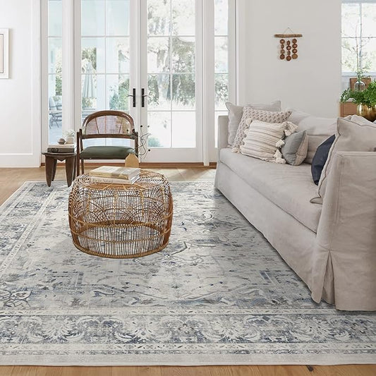 RUGGABLE Washable Vintage Area Rug – Sarrah Blue Quartz 8x10, Stain-Resistant, Non-Slip – Large Machine Washable Rugs for Living Room, Bedroom, Hallway, Entryway & Office–with Standard Pad