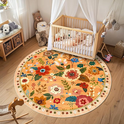 Floral 6ft Area Rug Machine Washable Soft Print Boho Carpet Non Slip Doormat Low Pile Flower Area Rugs for Living Room Bedroom Nursery Kitchen Dining Room Indoor-Yellow/Orange
