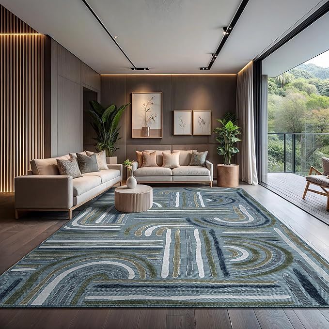 CAMILSON Indoor Outdoor Rug, Aqua 8x10 Geometric Arch Striped Area Rugs for Patio and Home Areas, Easy-Cleaning Non-Shedding Living Room, Garden and Deck Washable Outside Carpet (8 x 10)