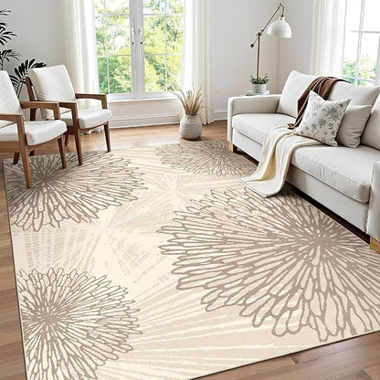 WITSHOCK 6x9 Area Rugs for Living Room: Beige Floral Washable Rugs for Bedroom Dining Room Office Nursery Modern Non-Slip Stain Resistant Low Pile Home Decor（Beige/Brown,6'x9'）
