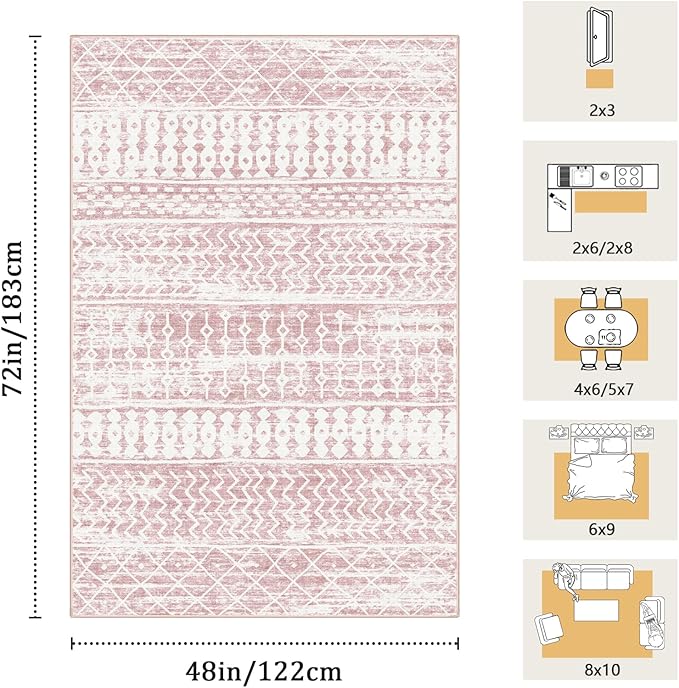 4x6 Machine Washable Area Rug for Living Room, Pink Vintage Moroccan Rug Large Non-Slip Low Pile Soft Faux Wool Carpet, Kids and Pets Friendly for Bedroom Dining Room Farmhouse Home Decor Rug