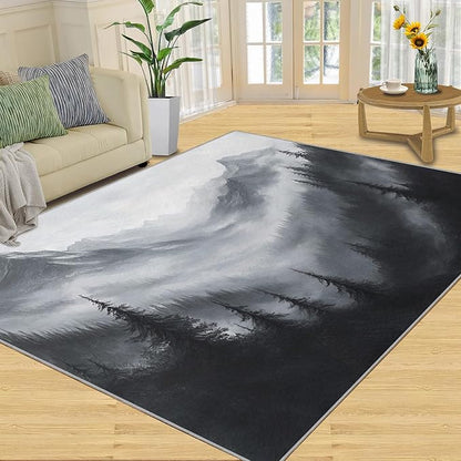 Misty Forest Rugs for Bedroom - 5x8 Area Rug - Modern Black White Art Rugs for Living Room, Natural Landscape Rug, Washable Home Decor Carpet