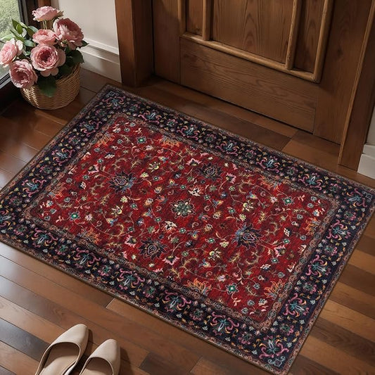 Tangsoo 2x3 Washable Rugs for Entryway, Vintage Floral Rug Red Small Area Rug Non-Slip Soft Low Pile, Small Carpet Door Mat, Front Door Indoor Throw Rugs for Entrance Kitchen Entry