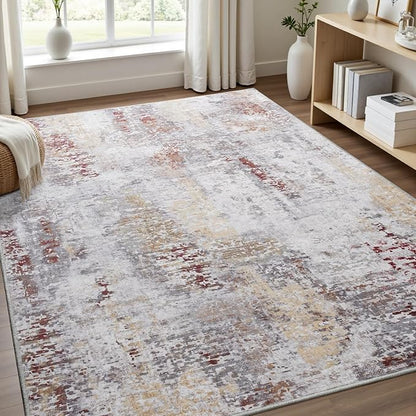Toneed Abstract Area Rug Modern Washable Rug Soft Non Slip Rug Low Pile for Bedroom Living Room Dining Room Taupe Grey Brown 7x10 Feet