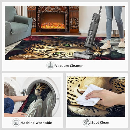 Leopard Rugs for Bedroom - 3x5 Area Rug - Flowers Leopard Rugs for Living Room, 3D Flowers Animal Rug, Washable Home Decor Carpet