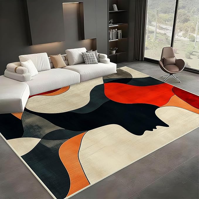 10x12 Abstract Rug, Abstract Area Rug, Geometric Area Rugs, Modern Geometric Rugs, Minimalist Face Carpet, Contemporary Carpet for Living Room, Non Slip & Faux Cashmere Low Pile