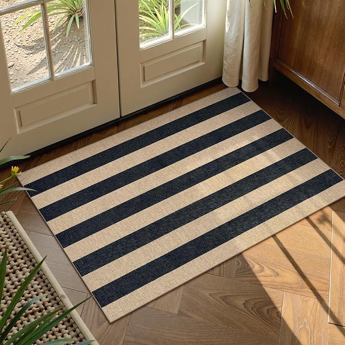 Lahome Striped Easy Jute Rug, 2x3 Entryway Rug Indoor Outdoor Front Door Mat, Farmhouse Neutral Non Slip Non Shedding Washable Kitchen Mats for Floor Foyer