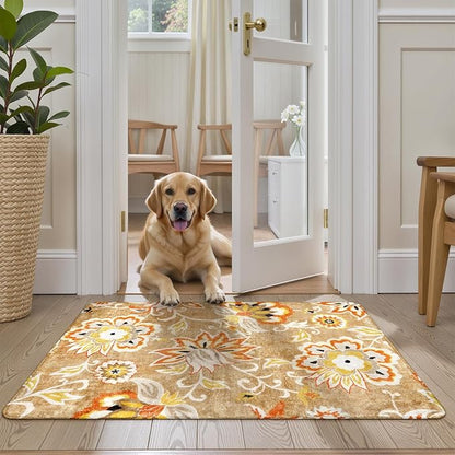 Lahome Floral Washable 2x3 Area Rug, Non-Slip Small Door Rugs for Entryway Indoor, Non-Shedding Tan Paisley Print Doormat Capet for Kitchen Bathroom Laundry Room Sink