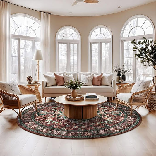 U'Artlines Boho Vintage Round Area Rug 8ft Machine Washable Low Pile Soft Floor Carpet Non Slip Non Shedding Accent Rug for Living Room Bedroom Entryway Dining Room Office Rust＆Teal