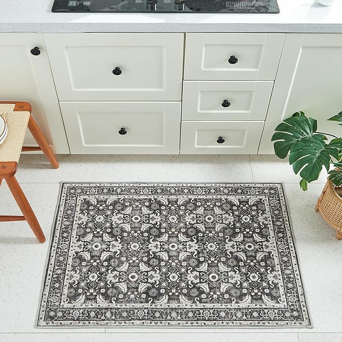 WITSHOCK Washable 2x3 Entryway Area Rug: Soft Non-Slip Backing Washable Rugs Vintage Flower Boho Accent Small Rugs for Bedroom, Kitchen, Bathroom, Nursery Entrance,Black
