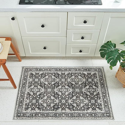 WITSHOCK Washable 2x3 Entryway Area Rug: Soft Non-Slip Backing Washable Rugs Vintage Flower Boho Accent Small Rugs for Bedroom, Kitchen, Bathroom, Nursery Entrance,Black