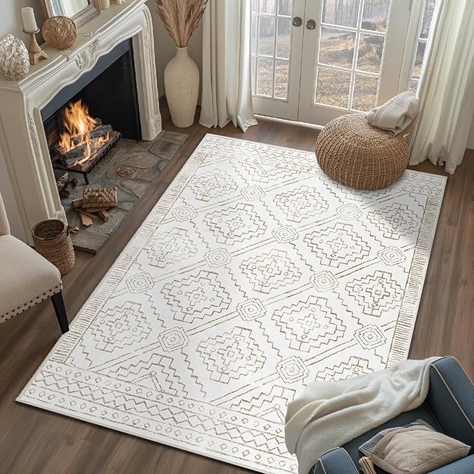 jinchan 3x5 Area Rugs for Entryway - Machine Washable Modern Rug Kitchen Soft Faux Wool Stain Resistant Non-Slip Ultra-Thin Low-Pile Geometric Carpet for Entrance Bedroom Living Room (3x5ft, Taupe)