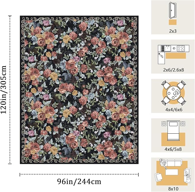 8x10 Machine Washable Area Rug for Living Room, Black Vintage Boho Floral Rug Large Non-Slip Low Pile Soft Faux Wool Carpet, Kids and Pets Friendly for Bedroom Dining Room Farmhouse Home Decor Rug