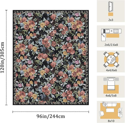 8x10 Machine Washable Area Rug for Living Room, Black Vintage Boho Floral Rug Large Non-Slip Low Pile Soft Faux Wool Carpet, Kids and Pets Friendly for Bedroom Dining Room Farmhouse Home Decor Rug