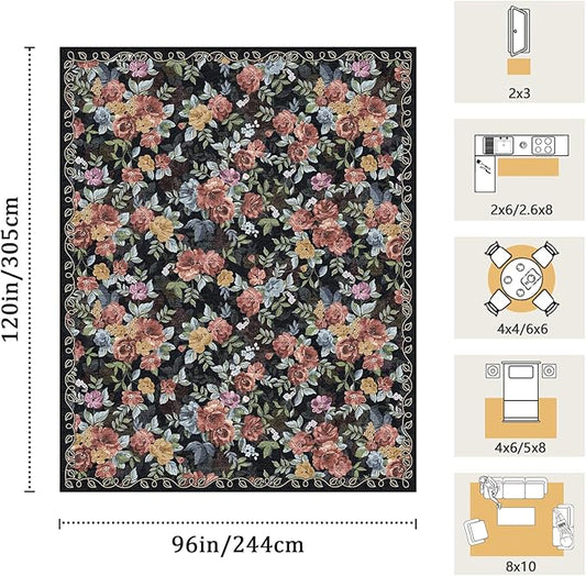 8x10 Machine Washable Area Rug for Living Room, Black Vintage Boho Floral Rug Large Non-Slip Low Pile Soft Faux Wool Carpet, Kids and Pets Friendly for Bedroom Dining Room Farmhouse Home Decor Rug
