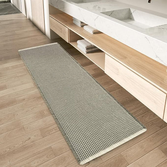 AMOAMI Upgraded Waffle Runner Rug Super Absorbent Non Slip Bath Mats for Bathroom Machine Washable Bathroom Runner Rug with Tassels, Ideal for Hallway Bedroom Laundry Room, 2' x 5', Green & Cream
