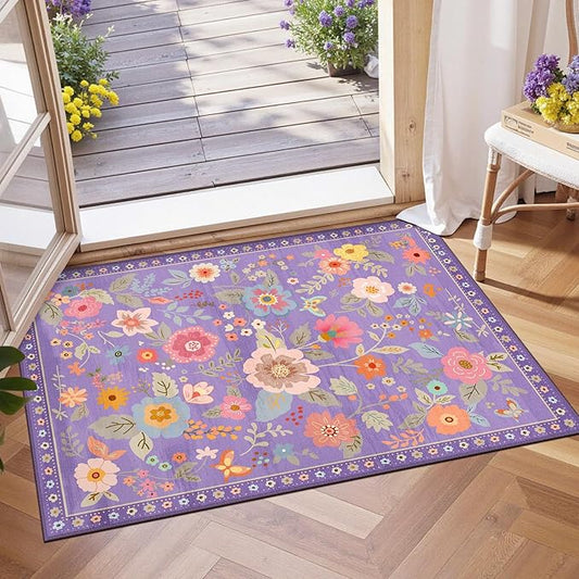 Floral 2x3 Area Rug Machine Washable Soft Print Boho Carpet Non Slip Doormat Low Pile Flower Area Rugs for Living Room Bedroom Nursery Kitchen Dining Room Indoor-Purple/Pink/Multi