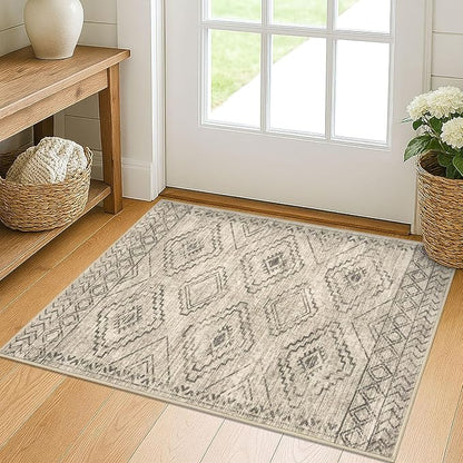 KILOCOCO Boho Entryway Rug 2x3 Printed Small Area Rug Indoor Door Mat Machine Washable Kitchen Rugs Super Soft Non Slip Throw Rugs for Entrance Geometric Laundry Room, Beige/Gray/Green