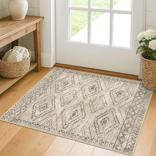 KILOCOCO Boho Entryway Rug 2x3 Printed Small Area Rug Indoor Door Mat Machine Washable Kitchen Rugs Super Soft Non Slip Throw Rugs for Entrance Geometric Laundry Room, Beige/Gray/Green