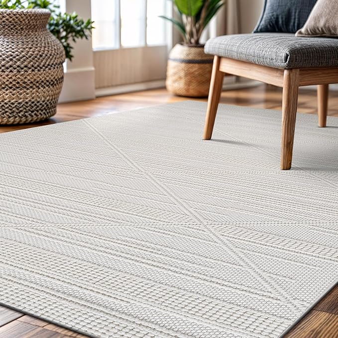 CAMILSON Micro Loop Rug 4x6 Modern Luxury Geometric Pattern Area Rugs Soft High and Low Pile Stain Resistant Easy-Cleaning Non-Shedding for Living Room Office Indoor Carpet (4 x 6 / White)