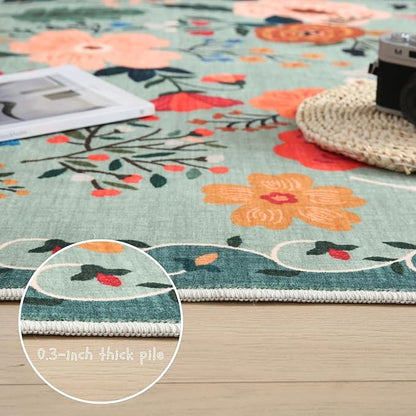 Rugcomf Round Rug 6ft Washable Circle Rug Non Slip Low Pile Boho Floral Small Circular Rug for Bedroom, Bathroom, Entryway, Kids Room, Office, College Dorm(Green)