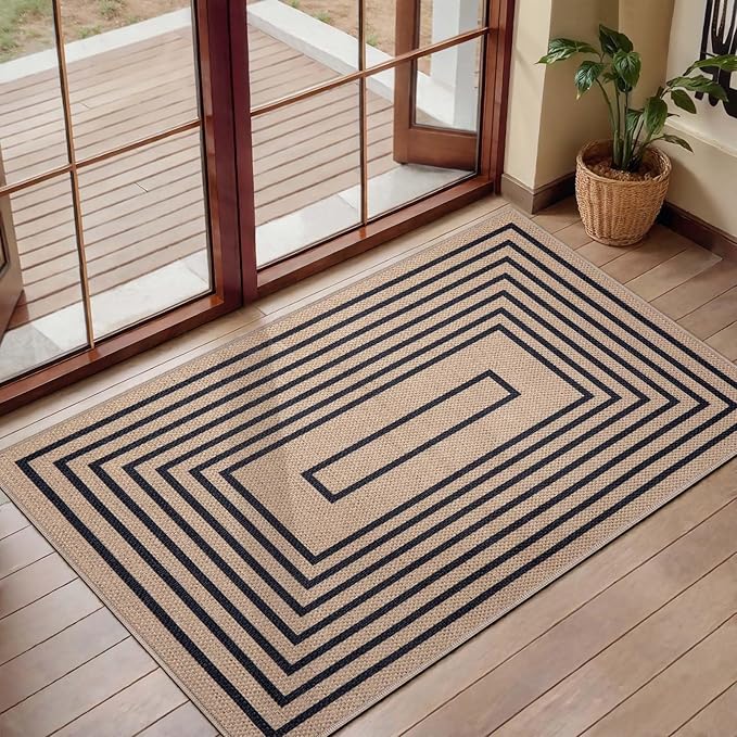 Tangsoo Geometric Easy Jute Rug 2x3 Washable Rug,Small Area Rug for Entryway,Non-Slip Black Thin Indoor Outdoor Door Mat Modern Farmhouse Carpet for Entrance Kitchen Bedroom Front Porch