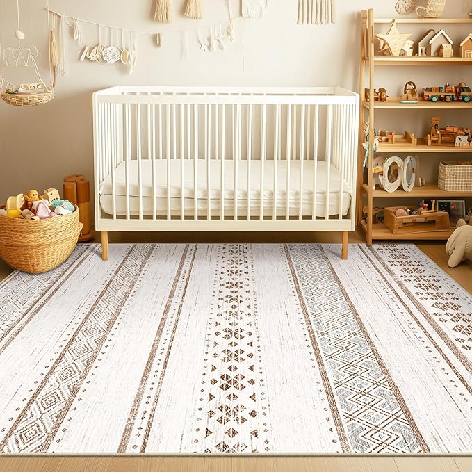 BESTSWEETIE 9x12 Area Rugs for Living Room Washable Moroccan Farmhouse Neutral Geometric Low Pile Non-Slip Soft Print Pattern Rug for Bedroom Kitchen Dining Room Entryway Cream/Brown/Pink