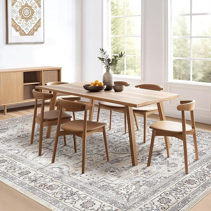 7x9 Area Rug Living Room: Washable Boho Large Neutral Vintage Soft Rugs Stain Resistant Farmhouse Non Slip Indoor Floor Carpet for Bedroom Nursery Kids Playroom Office Dining Room- Ivory Gray