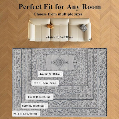 Washable Area Rugs 8x10, Large Rugs for Living Room, Carpet for Bedroom, Soft Faux Wool Retro Dining Room Rug, Non-Slip Backing Resistant Low Pile Vintage Print Rug for Home Office (Grey/Blue)
